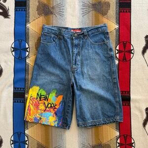Vintage Y2K Bleu Dstrkt Baggy Denim Jean Shorts Size 34 Hip Hop Grunge Skate